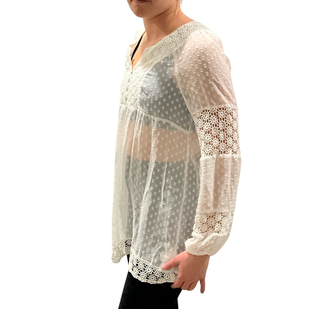 Daniel Rainn White Swiss Dot Crochet‎ Lace Cottagecore Tunic Top Blouse S Boho